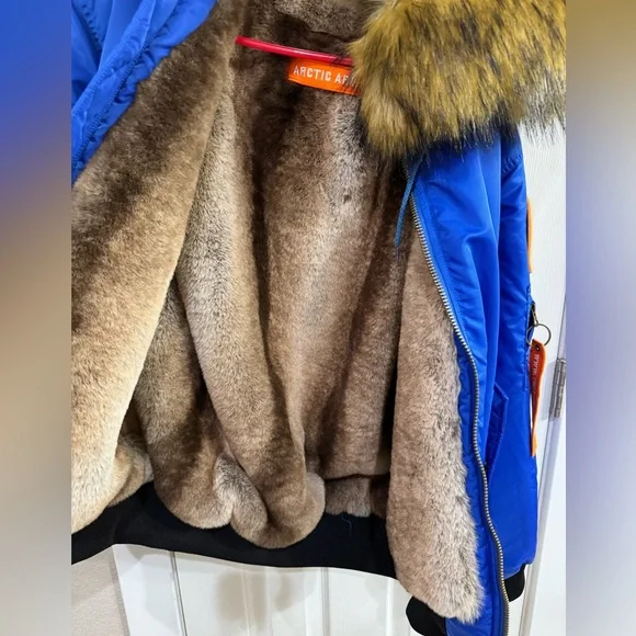 Blue Bomber Jacket with Faux Fur Trim